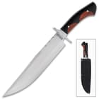 The knife has a full-tang, razor-sharp 11” 3Cr13 stainless steel clip point blade and the spine has partial filework