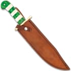 Timber Wolf Emerald Stripe Bowie Knife And Sheath - Stainless Steel Blade, Bone And Wooden Handle, Brass Guard And Pins - Length 16”
