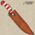 Timber Wolf Ruby Stripe Bowie Knife And Sheath - Stainless Steel Blade, Bone And Wooden Handle, Brass Guard And Pins - Length 16”