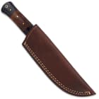 The attractive fixed blade is 10” in overall length and slides securely into a premium leather belt sheath for ease of carry