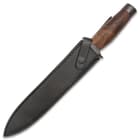 The 13” overall dagger fits like a glove in the included premium leather belt sheath, which has a snap strap closure