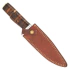 The 12 1/4” overall, fixed blade knife can be carried and stored in its genuine leather belt sheath with snap strap closure