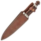 The 16 1/2” overall dagger can be carried and stored in its premium leather belt sheath, which has white top-stitching