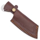 The 7 1/4” overall cleaver knife can be carried in its premium leather belt sheath, which has a snap strap and topstitching
