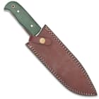 The 7 1/2” overall fixed blade knife can be carried in its genuine leather belt sheath, which is accented with a stamped design