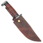 The 12” overall fixed blade can be stored and carried in its premium leather belt sheath, which has a snap strap