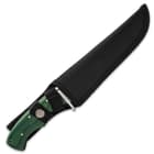 The handsome 10 3/4” overall fixed blade knife slides securely into a sturdy nylon belt sheath with a snap closure