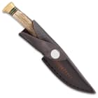 The compact fixed blade comes with a leather belt sheath.