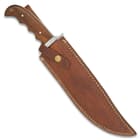 The survival knife is 15” in overall length and the blade is housed in a premium leather belt sheath with a snap closure