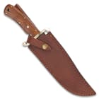 The knife is 12 1/4” in overall length and the blade is housed in a premium leather belt sheath with a snap closure