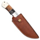 The fixed blade is protected by a premium, genuine leather belt sheath and the knife is 10” in overall length