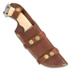 The knife can be stored and carried in its genuine leather belt sheath, which features top-stitching and brass snaps