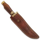 The 13” overall fixed blade knife slides securely into its premium, brown leather belt sheath for comfortable carry
