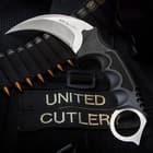 United Cutlery Silver Honshu Karambit With Shoulder Harness Sheath - 7Cr13 Stainless Steel Blade, Over-molded Handle - Length 8 3/4”