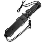 The knife is housed is a black reinforced multi-functional sheath with M48 logo and lanyard.
