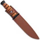 The 12 1/2” overall length combat knife can be carried and stored in its embossed leather belt sheath