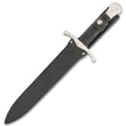The 18 5/8” overall dagger can be carried and stored in a genuine black leather belt sheath with snap closure strap