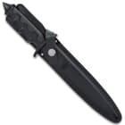 The 13 3/8” dagger can be stored and carried in its premium leather belt sheath with snap strap closure.