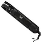 Combat machete enclosed in a black nylon sheath with a "M48 Ops" logo printed onto the elastic strap. 
