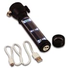 A USB cable charges the multi-function LED flashlight.