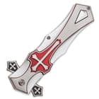 The aluminum handle has a red cross medallion with cross accents on the guard.
