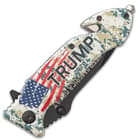 Trump 2020 Camouflage Pocket Knife - Stainless Steel Blade, Assisted Opening, 3-D Printed Handle, Seatbelt Cutter