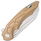 The metallic tan, aluminum handle scales are secured with screws and have a sleek, futuristic look
