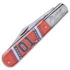 The barlow knife has an acrylic handle with General Lee artwork.