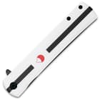 The white aluminum handle has anime-style artwork in red and black