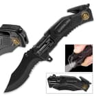 Matte black pocket knife with serated blade, "U.S. Special Forces" medallion and Inscription, flashlight, pocket clip, glass breaker, and seatbelt cutter.

