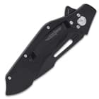 The pocket knife is 5”, when closed, and has a black stainless steel pocket clip with the Hibben Knives logo in white