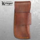 Kriegar Damascus Pocket Knife With Pouch - Damascus Steel Blade, Damascus Steel Handle, Brass Thumbstud - Closed 4 1/2”