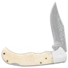 The knife has a fileworked, 2 1/2” stainless steel blade with a Damascus pattern and a nail nick for ease of opening