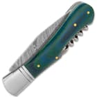 Timber Wolf Green Back Pocket Knife With Corkscrew - Damascus Steel Blade, Wooden Handle Scales, Stainless Steel Bolster, Brass Pins
