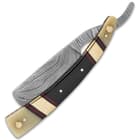 The handle scales are natural bone and black bone, accented with brass panels and red spacers, secured with brass pins