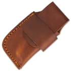 The assisted opening pocket knife is 4 1/2”, when closed, and can be carried in its premium leather belt sheath with snap closure