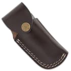 The 4” closed pocket knife can be carried in its premium leather belt sheath, which has white top-stitching