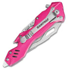Rampage Pink Atomica Assisted Opening Pocket Knife - Stainless Steel Blade, Aluminum Handle, Bottle Opener, Pocket Clip - Closed 4 3/4”