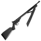 The air rifle takes one CO2 cartridge and will send .22 caliber pellets or BBs at up to 800 fps