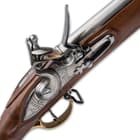 The flintlock ignition is designed to use 1” flints and the musket has a recommended load of 70 grains of black powder and a patched .735 round ball