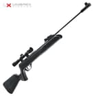 The Umarex Syrix Break Barrel Air Rifle With Scope has an 18 3/4” rifled barrel and an all-weather synthetic stock with an ambidextrous grip and rubber butt-plate