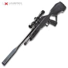 the Umarex Fusion 2 Air Rifle has a shrouded, 18 1/2” rifled barrel and a synthetic stock with an ambidextrous grip and features a rubber butt-plate