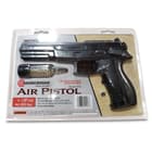 The 9” overall black polymer air pistol has a smooth bore barrel with front and back fiber optic sights and a cross-bolt safety. Included with air gun is a 200-round BB speed loader with BBs included