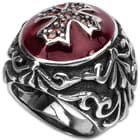 Crusader Red Jeweled Cross Ring - Stainless Steel Construction, Faux Jewels, Remarkable Detail - Available In Sizes 9-12