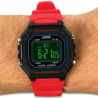The features include 12/24 hour time, a full calendar and auto date, daily alarm and chronograph mode with split function