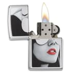 Zippo polished chrome lighter wiht a woman with sunglasses open with a flame