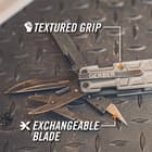 It has a 2 1/2”, fine edge blade with a frame lock, a replaceable #11 utility blade, scissors, a file and bottle opener