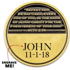 Baptism Challenge Coin - Metal Alloy Construction, Bronze Finish, Detailed 3D Relief, Bible Verse - Diameter 1 5/8” Engravable