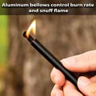 It has an aluminum bellows tube to control the burn rate or to snuff out the flame.