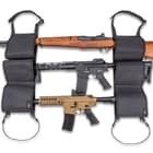 M48 Back Seat Gun Rack - Nylon Canvas Construction, Interior Padding, Bungee Cords, Holds Three Rifles, Nylon Webbing Straps - Dimensions 21”x 7 1/10”